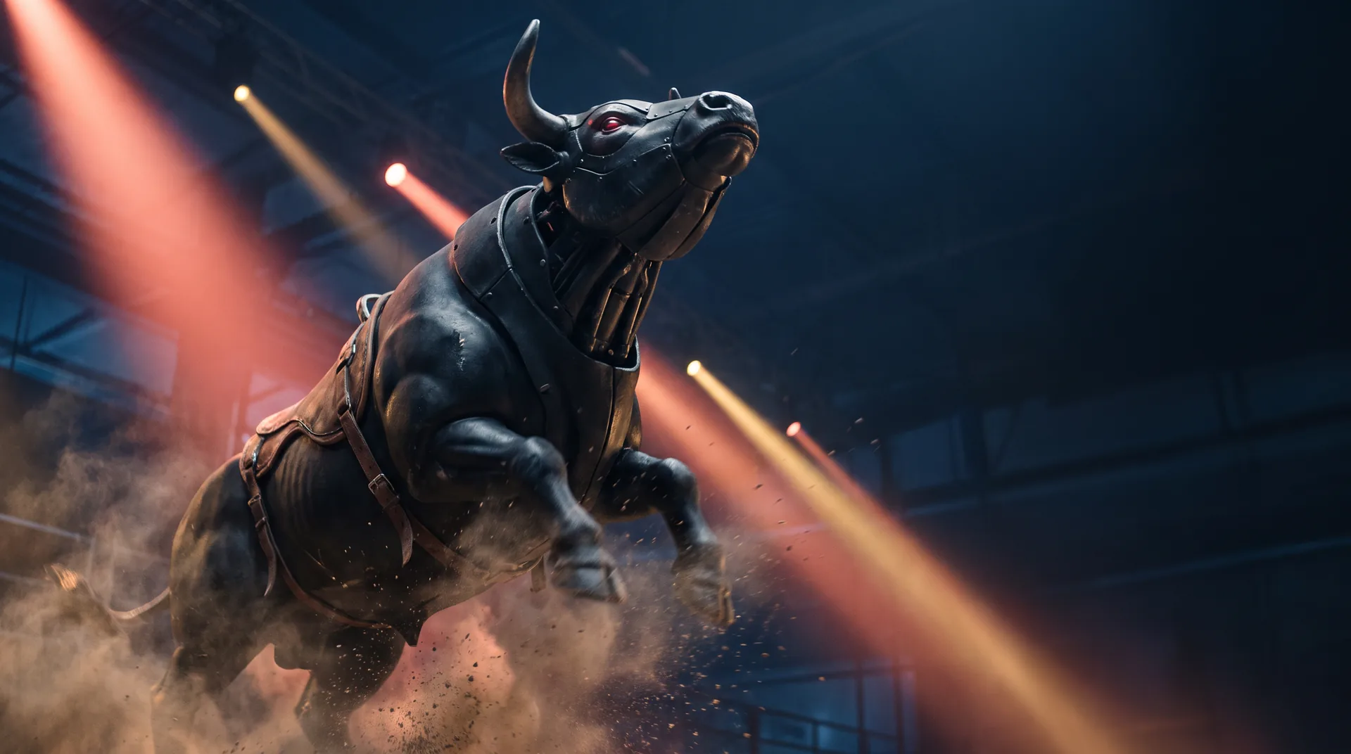 Mechanical bull mid-buck under arena lighting