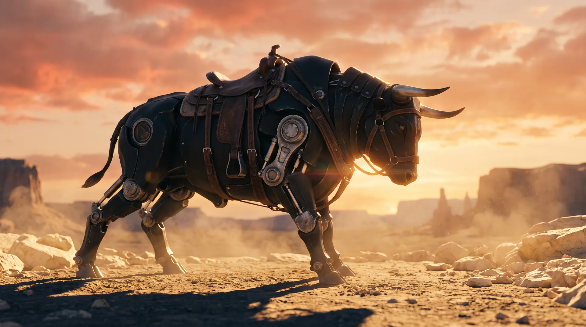 Mechanical bull silhouetted against a golden-hour desert skyline