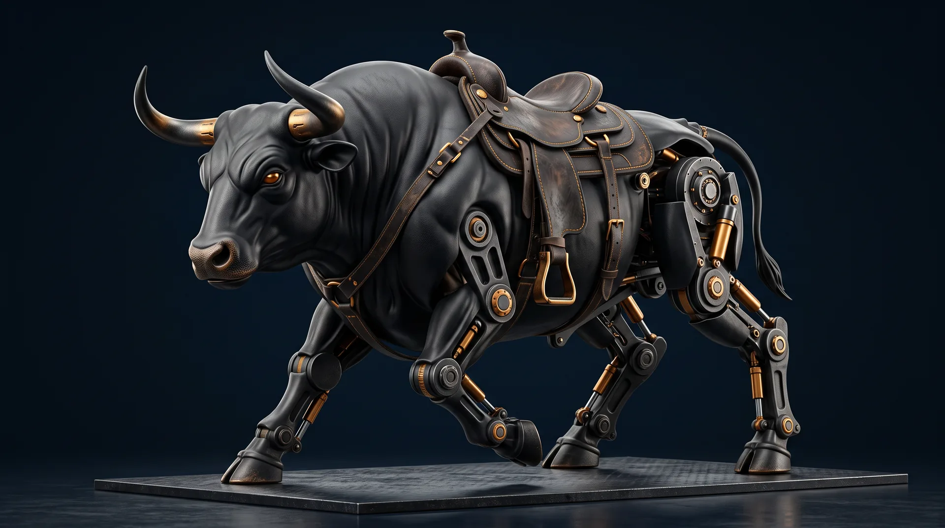 El Bárbaro, a matte-black mechanical bull with a sculpted saddle