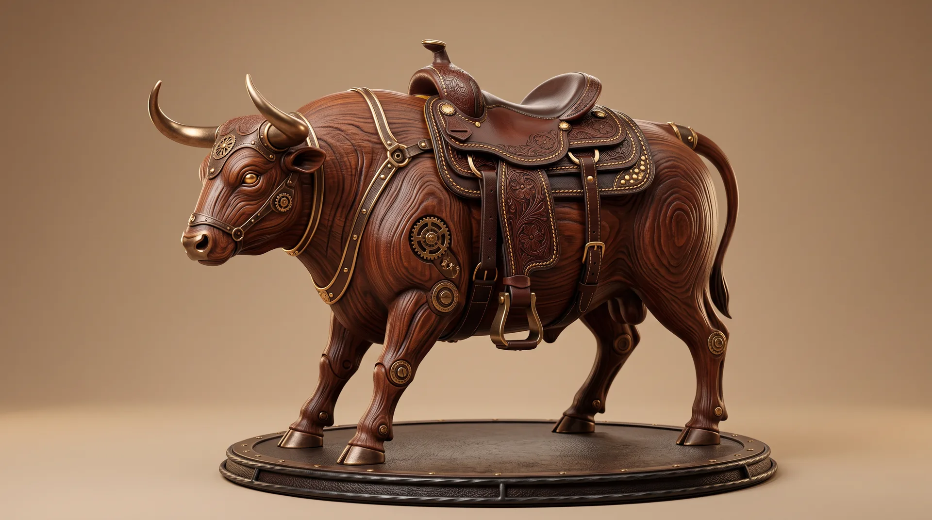 El Indomable, a hand-finished mahogany mechanical bull on a display base