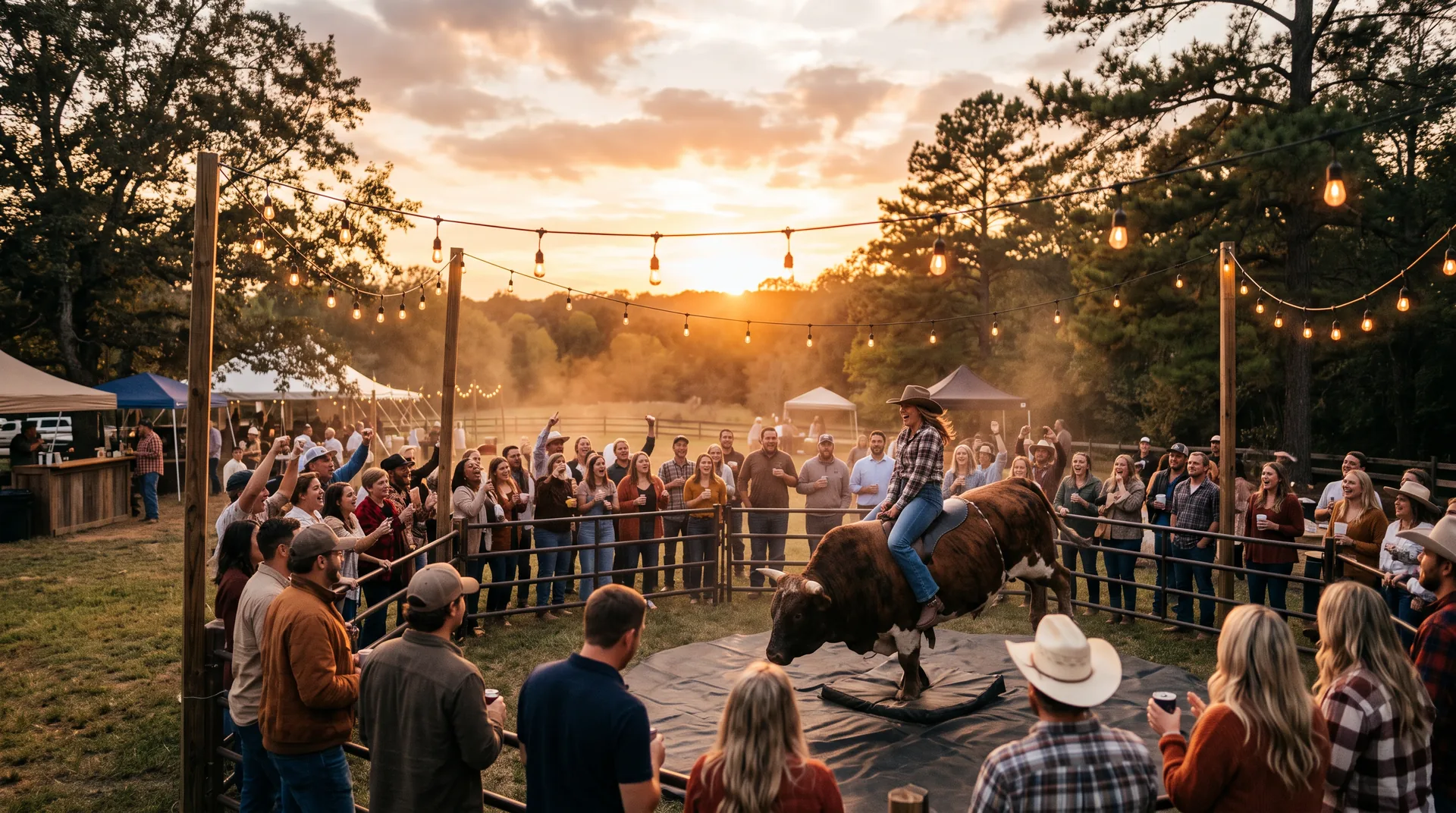 Guests cheering around the bull at an outdoor evening party